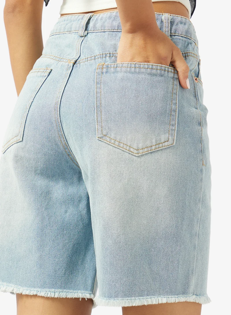 Ginger  Mid Rise Bermuda Shorts with Frayed Hem for Women | Best Price UAE